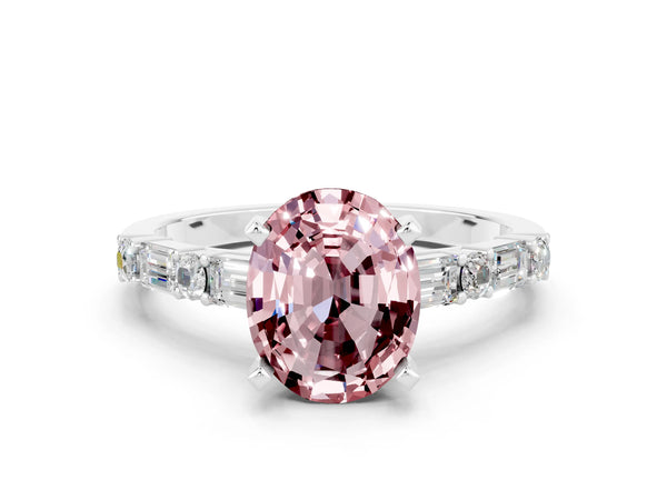 White gold Oval Cut Morganite Solitaire with Side Baguettes and Channel Set Band