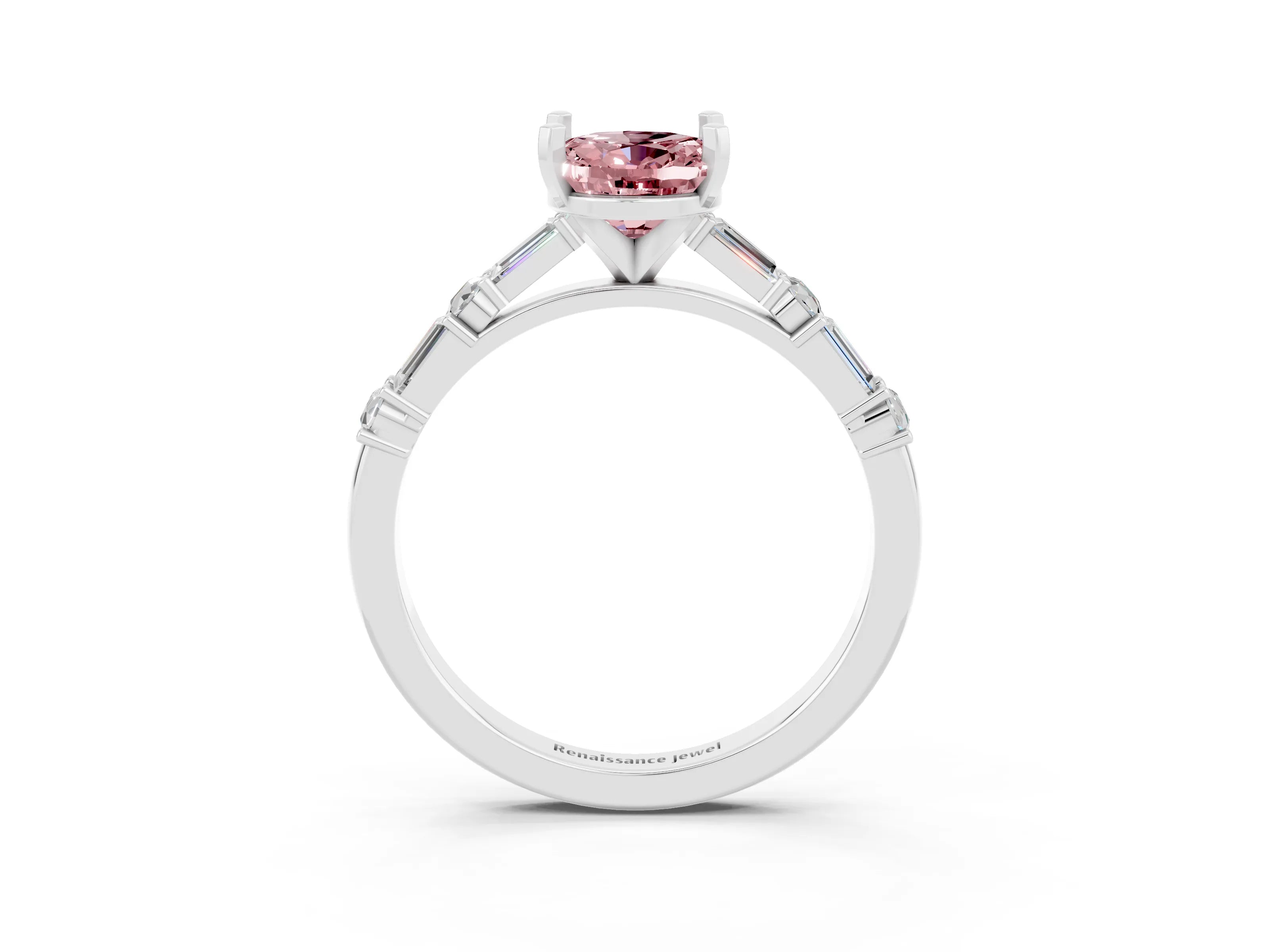 White gold Oval Cut Morganite Solitaire with Side Baguettes and Channel Set Band_3