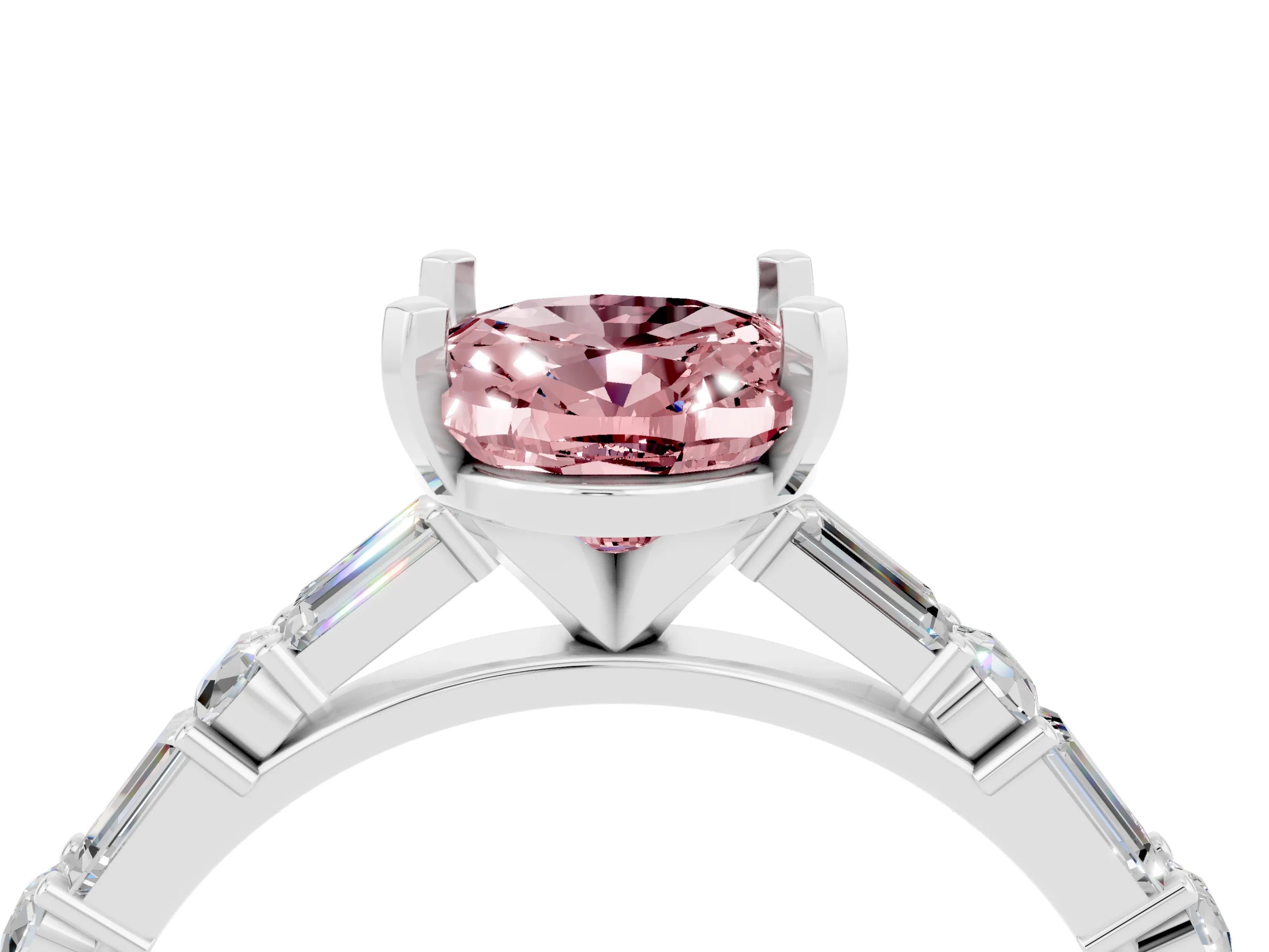 White gold Oval Cut Morganite Solitaire with Side Baguettes and Channel Set Band_4