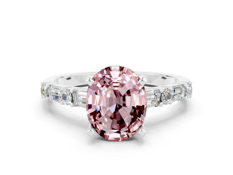 White gold Oval Cut Morganite Solitaire with Side Baguettes and Channel Set Band