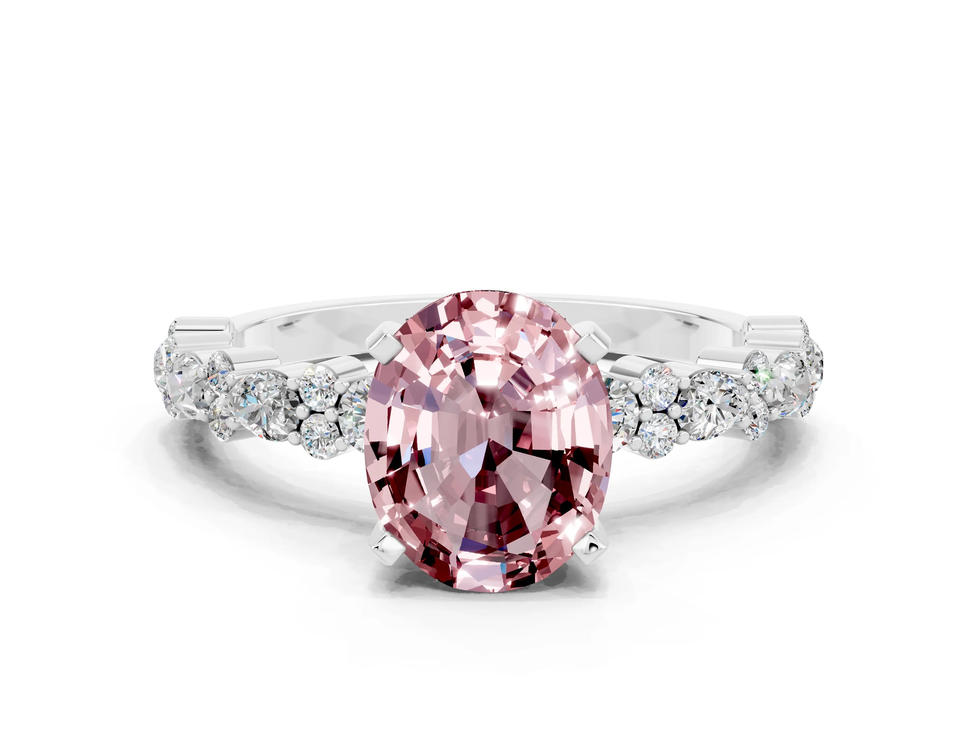 White gold Oval Cut Morganite Solitaire with Side Stones, Pave Band, Four-Prong Setting_36