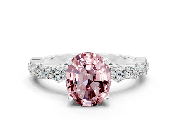 Platinum Oval Cut Morganite Side Stone Solitaire Ring with Round  and Four-Prong Setting