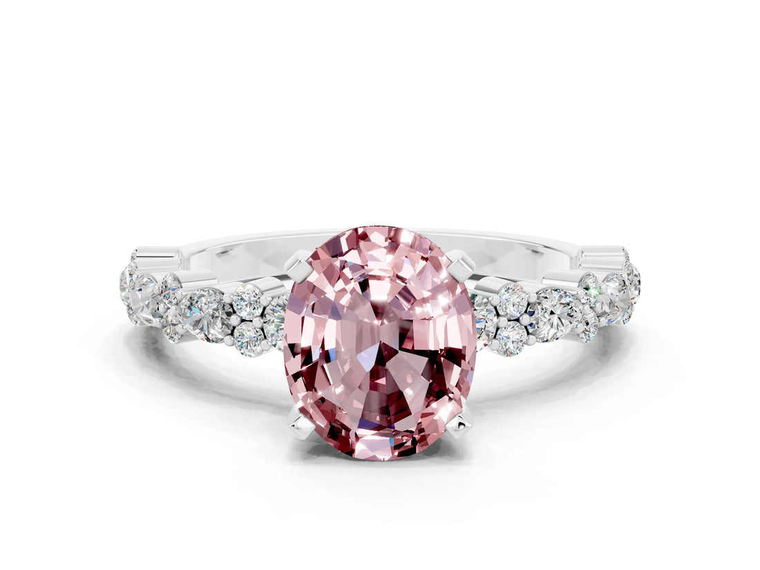 White gold Oval Cut Morganite Solitaire with Side Stones, Pave Band, Four-Prong Setting_36
