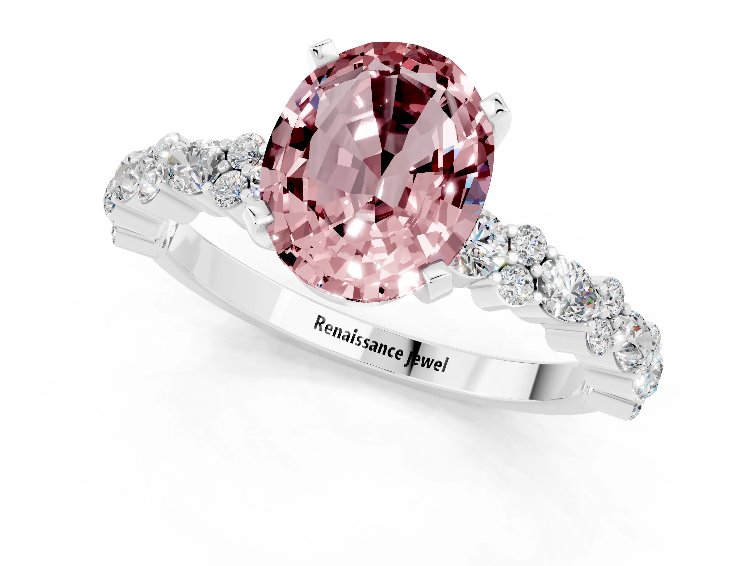 White gold Oval Cut Morganite Solitaire with Side Stones, Pave Band, Four-Prong Setting_37