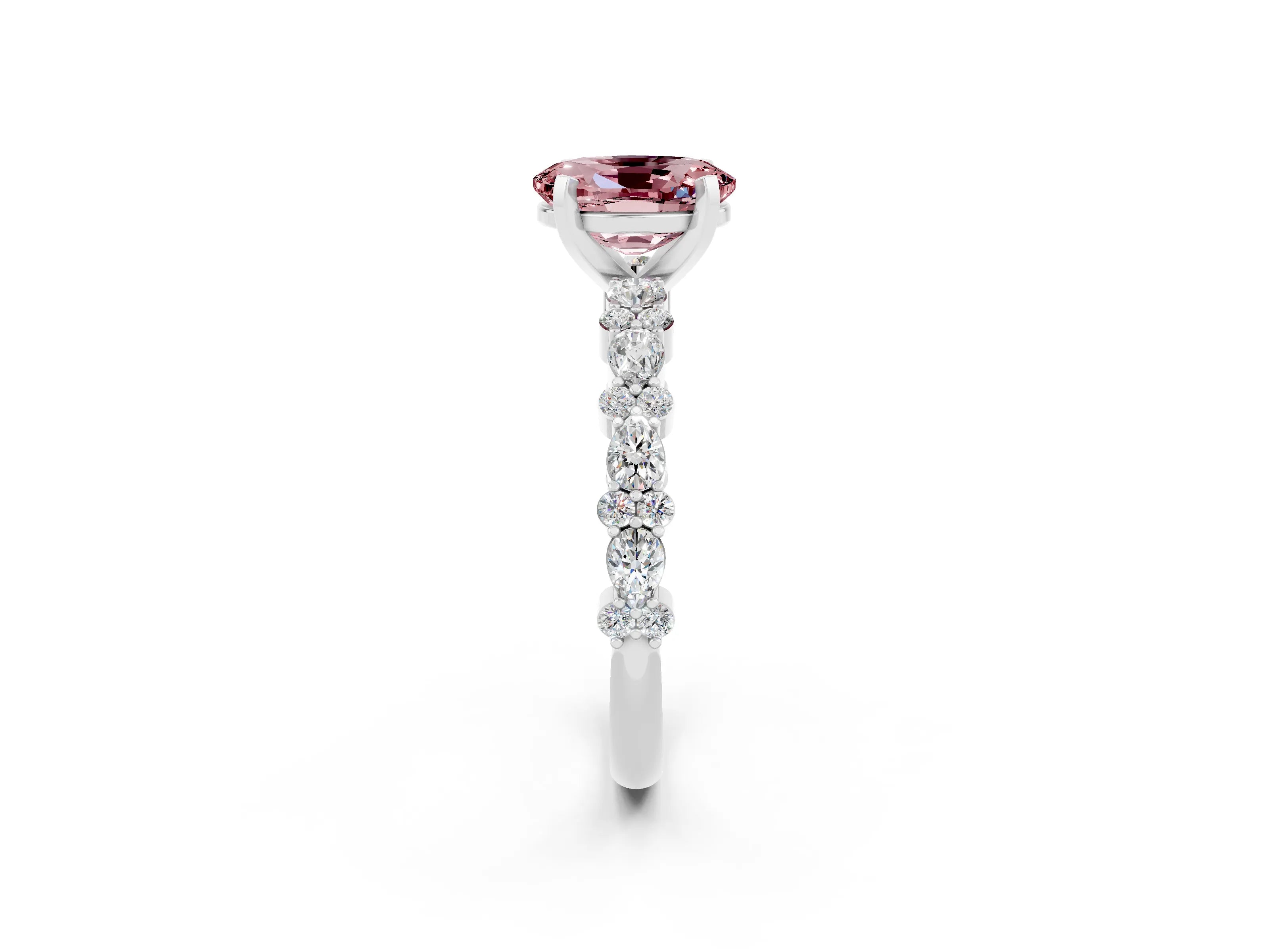 White gold Oval Cut Morganite Solitaire with Side Stones, Pave Band, Four-Prong Setting_38
