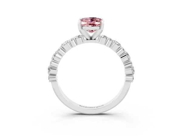 Platinum Oval Cut Morganite Side Stone Solitaire Ring with Round  and Four-Prong Setting