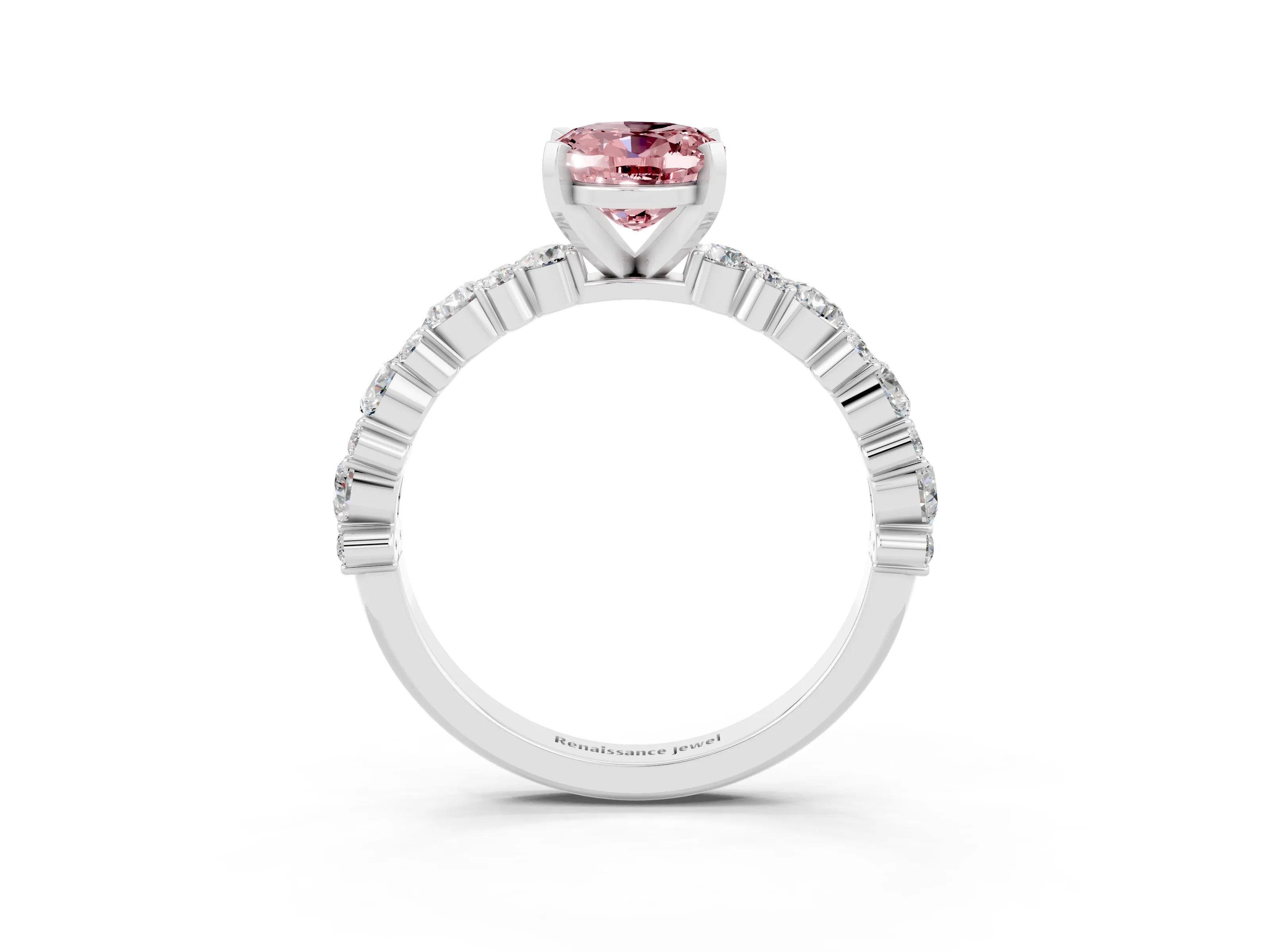 White gold Oval Cut Morganite Solitaire with Side Stones, Pave Band, Four-Prong Setting_39