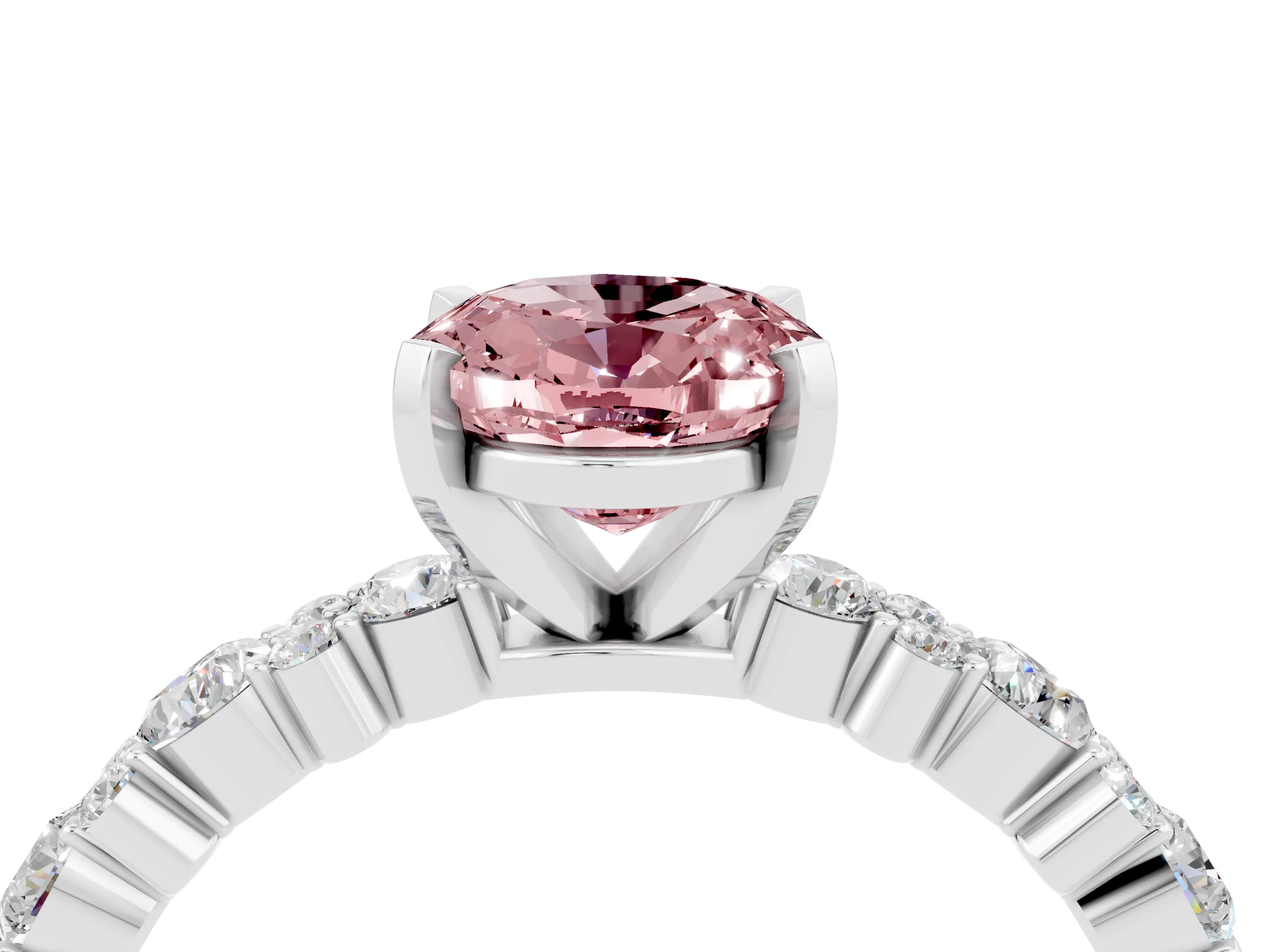 White gold Oval Cut Morganite Solitaire with Side Stones, Pave Band, Four-Prong Setting_40