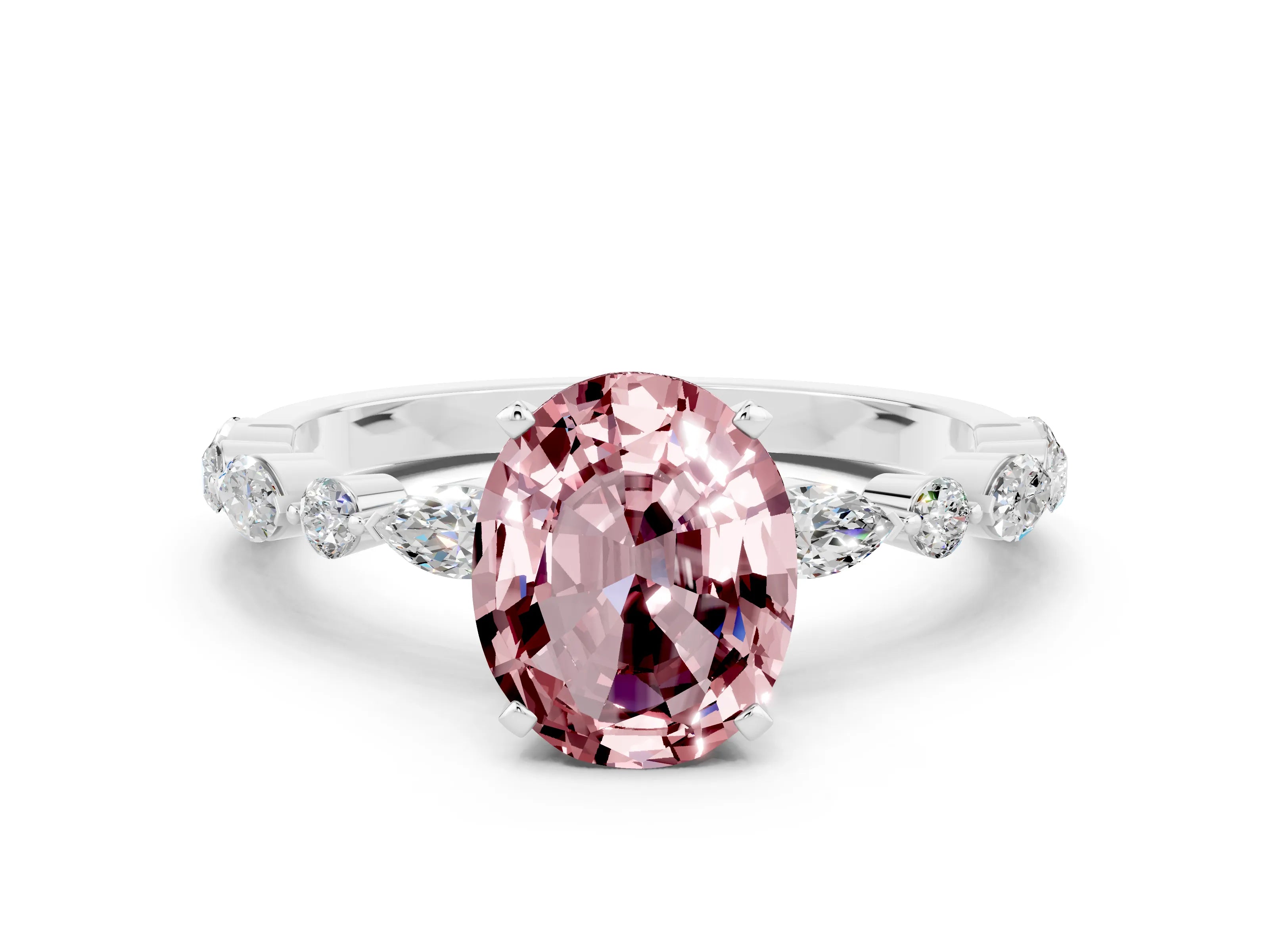 White gold Oval Cut Morganite Solitaire with Side Stones on a Pavé Band and Four-Prong Setting