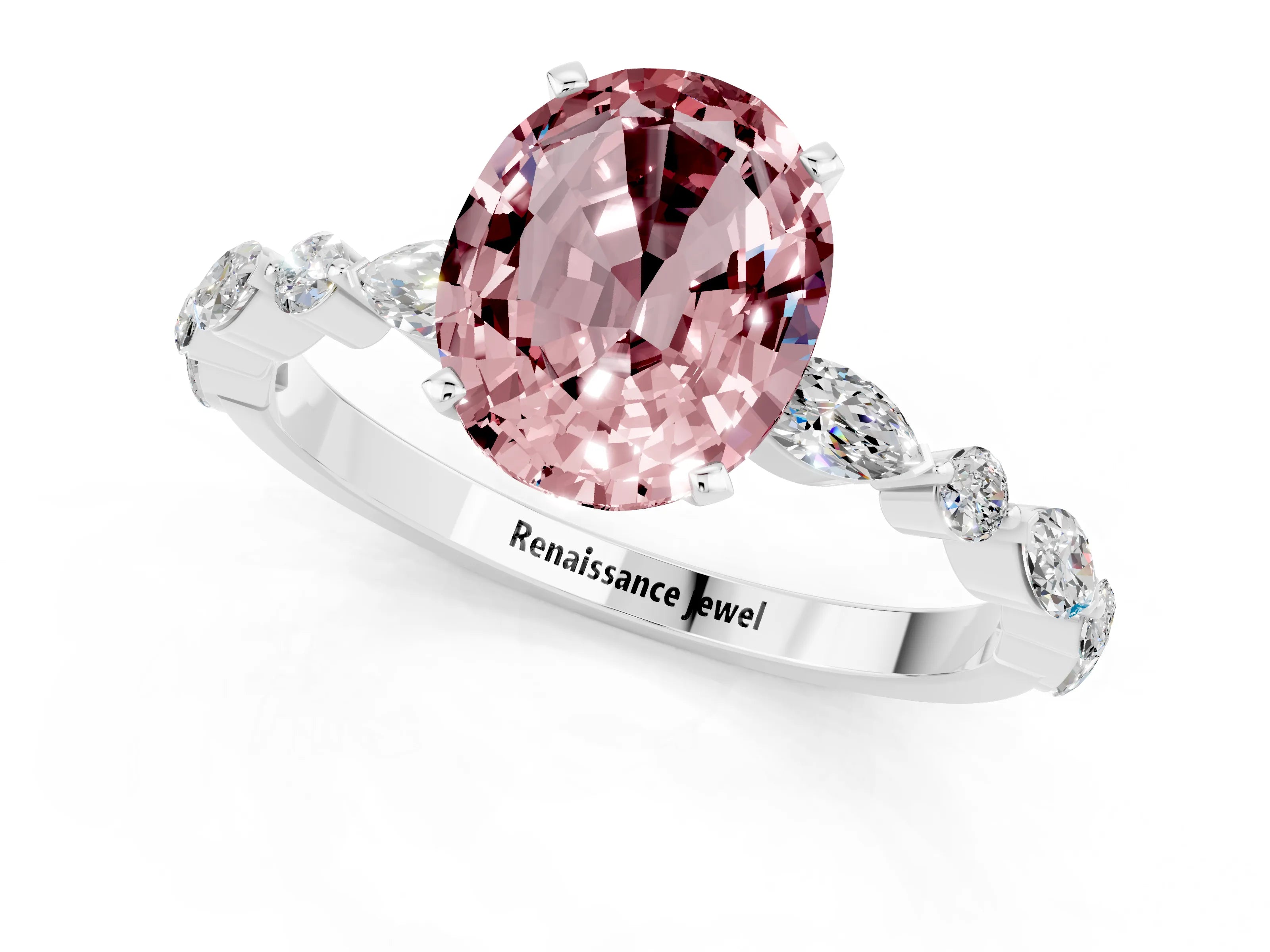 White gold Oval Cut Morganite Solitaire with Side Stones on a Pavé Band and Four-Prong Setting_1