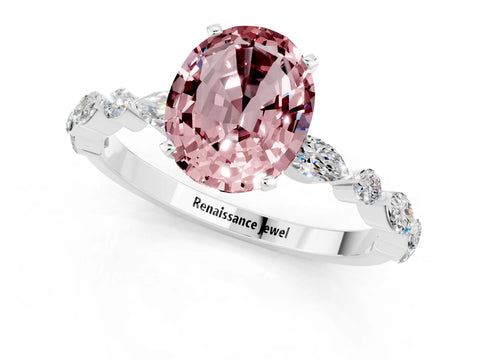 White gold Oval Cut Morganite Solitaire with Side Stones on a Pavé Band and Four-Prong Setting_1