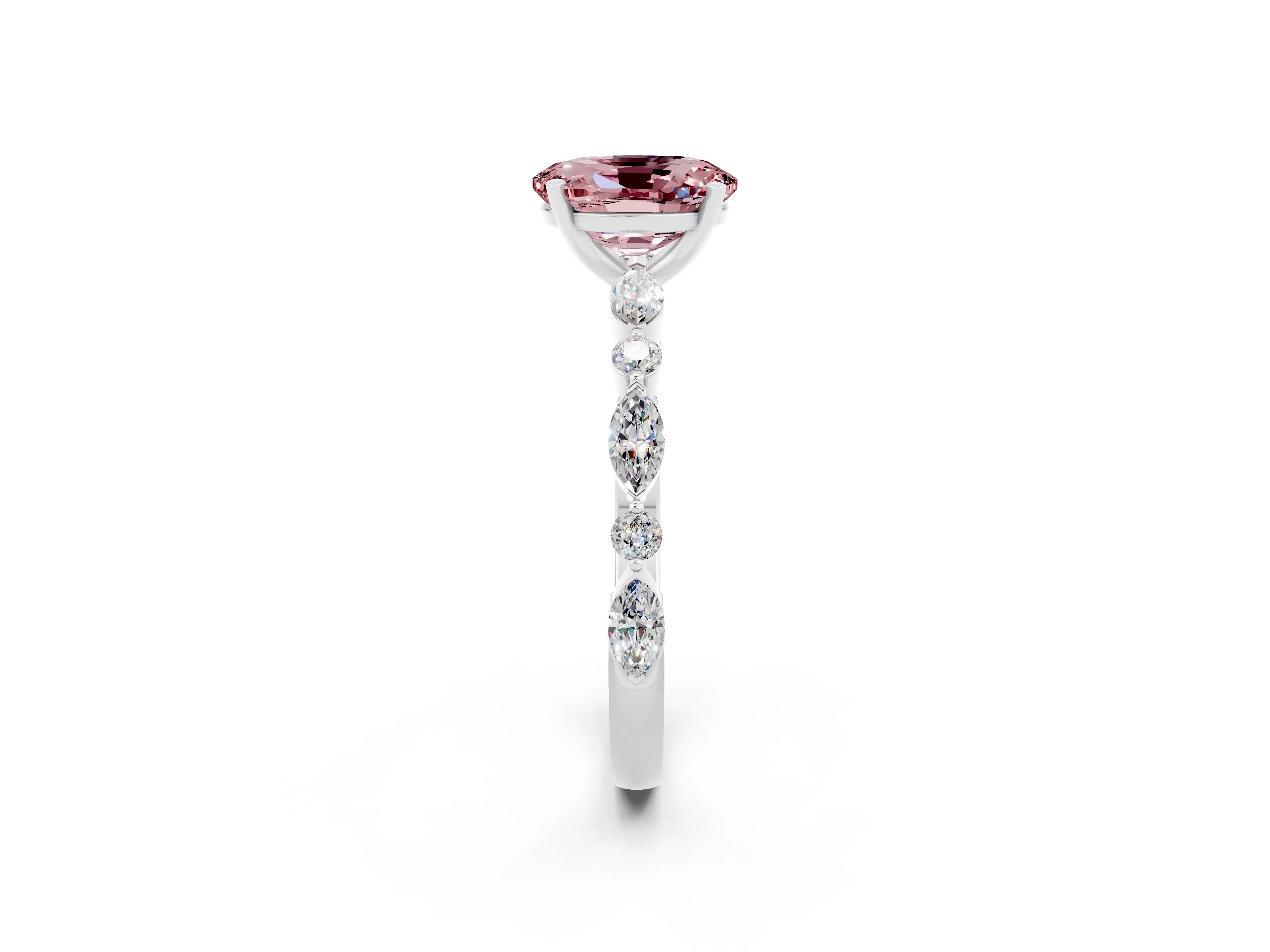 White gold Oval Cut Morganite Solitaire with Side Stones on a Pavé Band and Four-Prong Setting_2