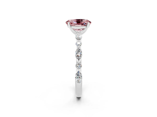 Platinum Oval Cut Morganite Ring with Marquise and Round  Side Stones and Four-Prong Setting