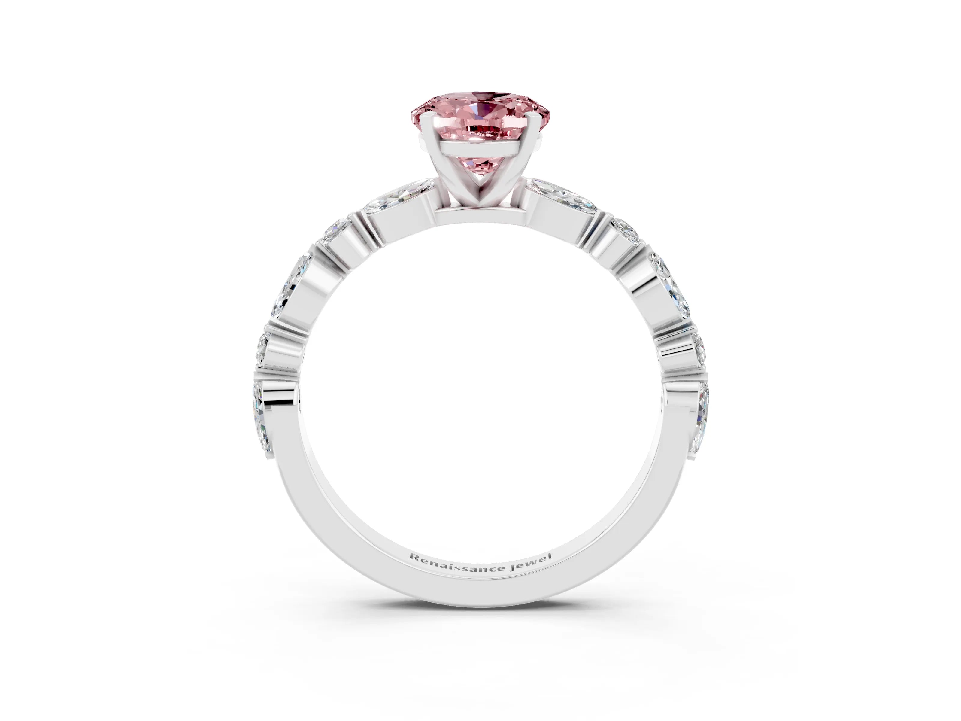 White gold Oval Cut Morganite Solitaire with Side Stones on a Pavé Band and Four-Prong Setting_3