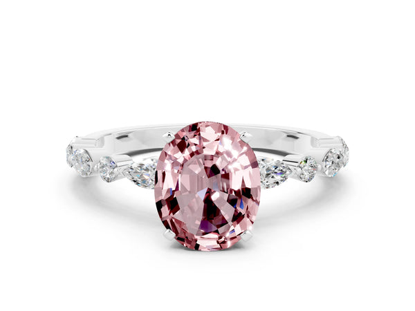 Silver Oval Cut Morganite Ring with Marquise and Round  Side Stones and Four-Prong Setting