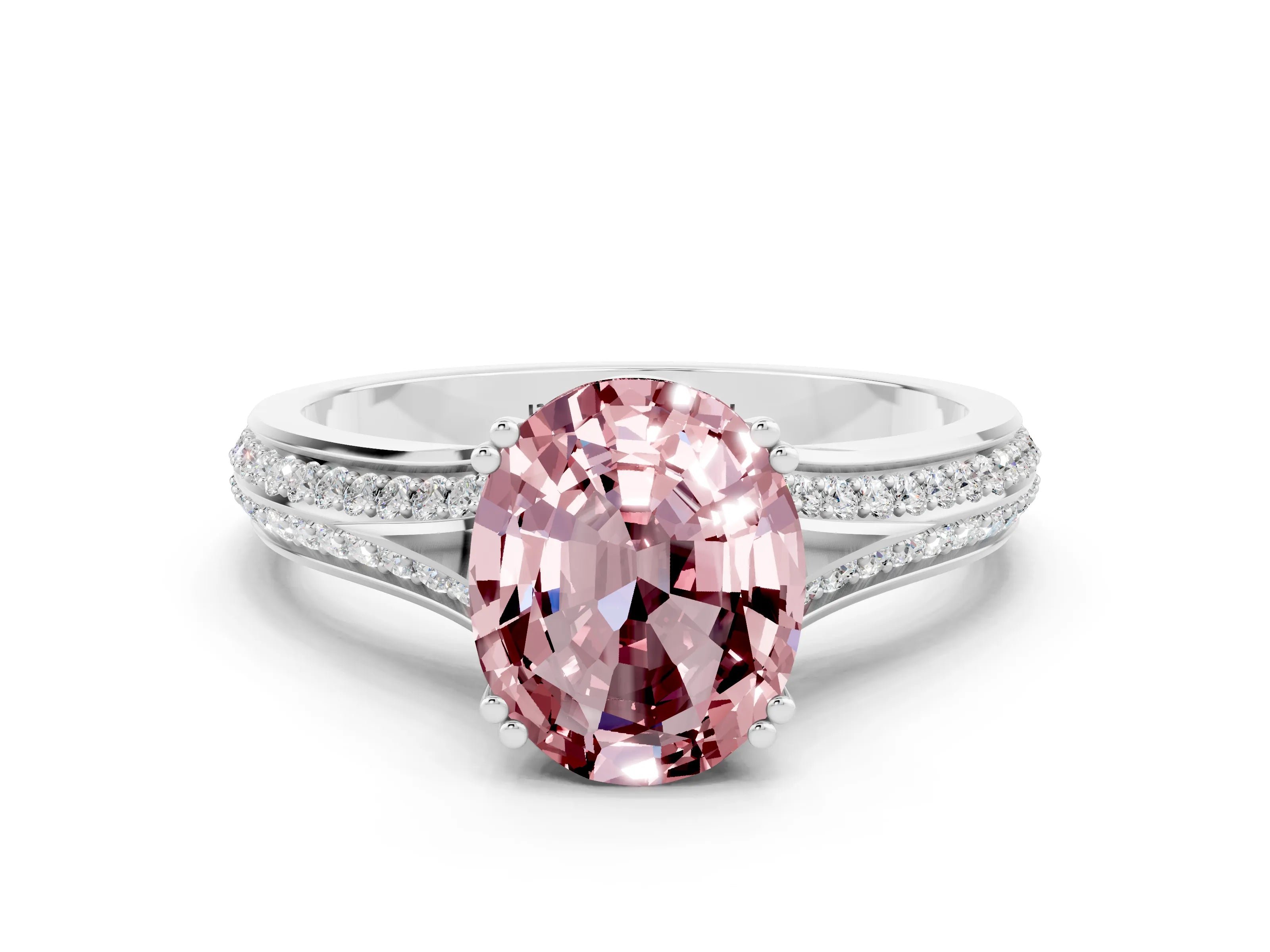 White gold Oval Cut Morganite Split Shank Engagement Ring with Pavé Band