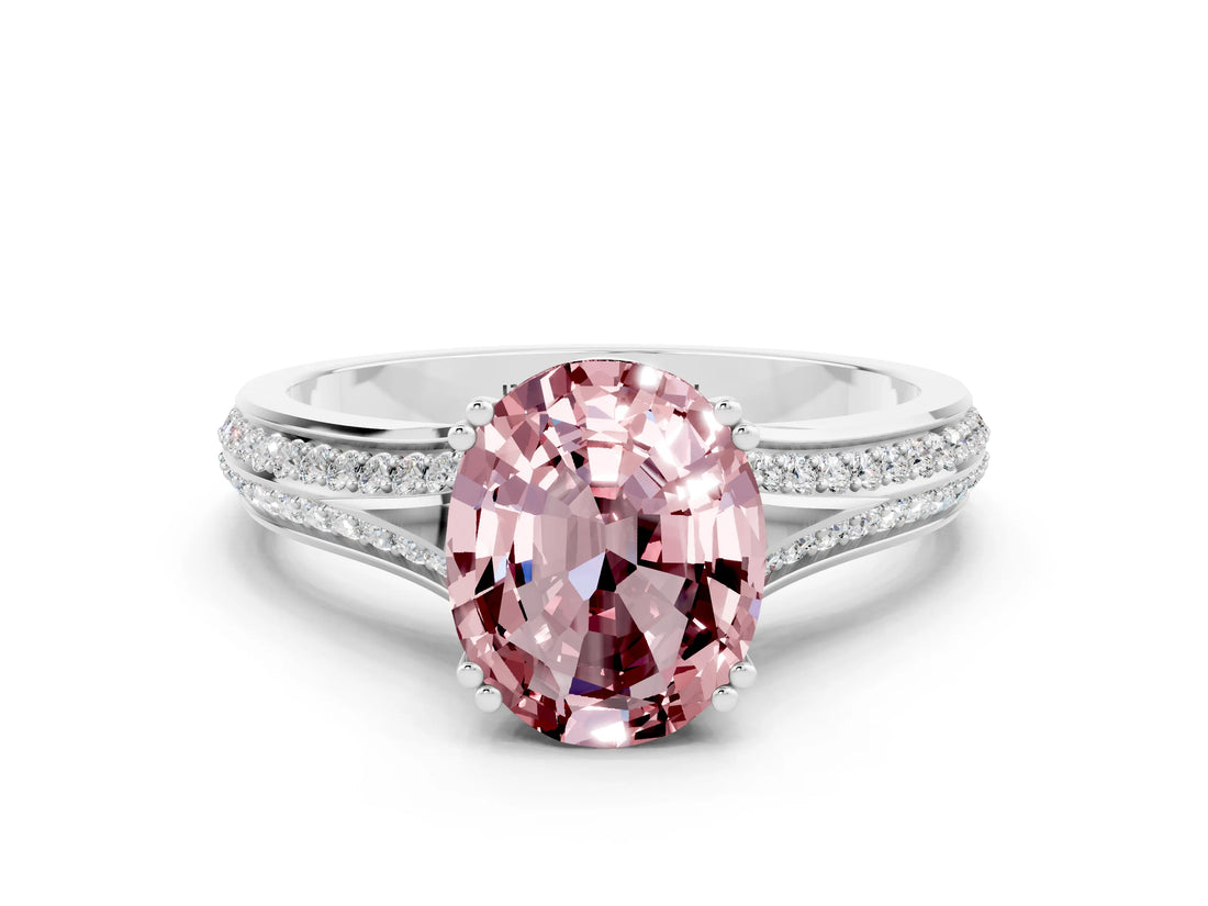 White gold Oval Cut Morganite Split Shank Engagement Ring with Pavé Band