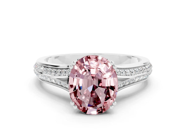 White gold Oval Cut Morganite Split Shank Engagement Ring with Pavé Band