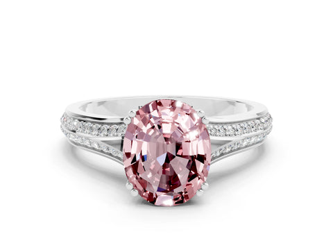 White gold Oval Cut Morganite Split Shank Engagement Ring with Pavé Band