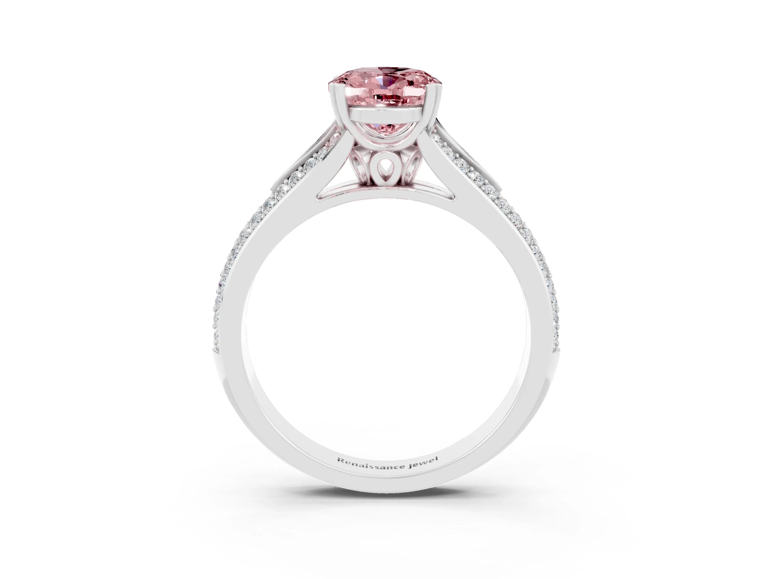 White gold Oval Cut Morganite Split Shank Engagement Ring with Pavé Band_3