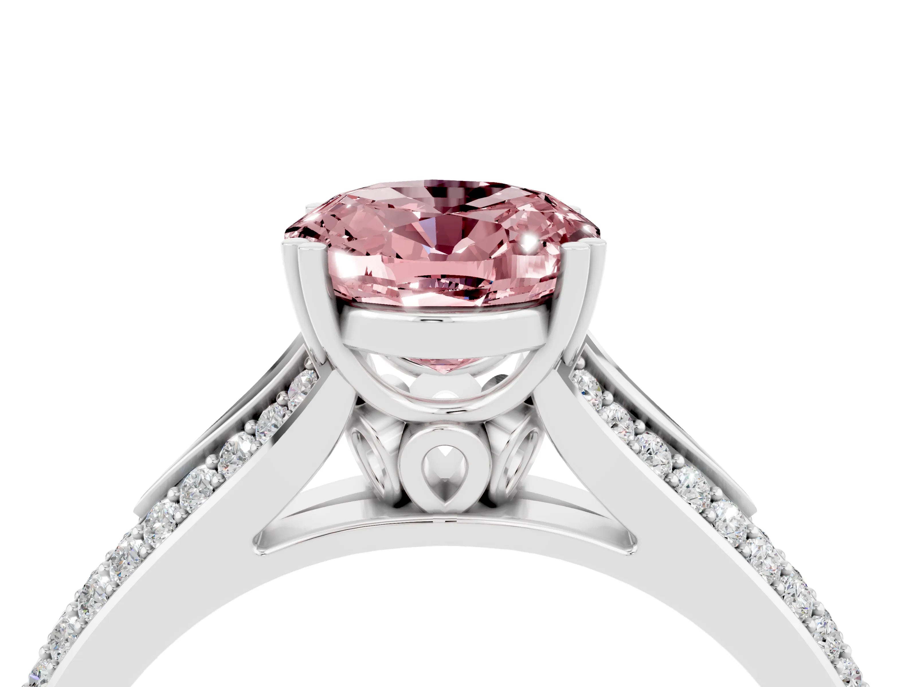White gold Oval Cut Morganite Split Shank Engagement Ring with Pavé Band_4