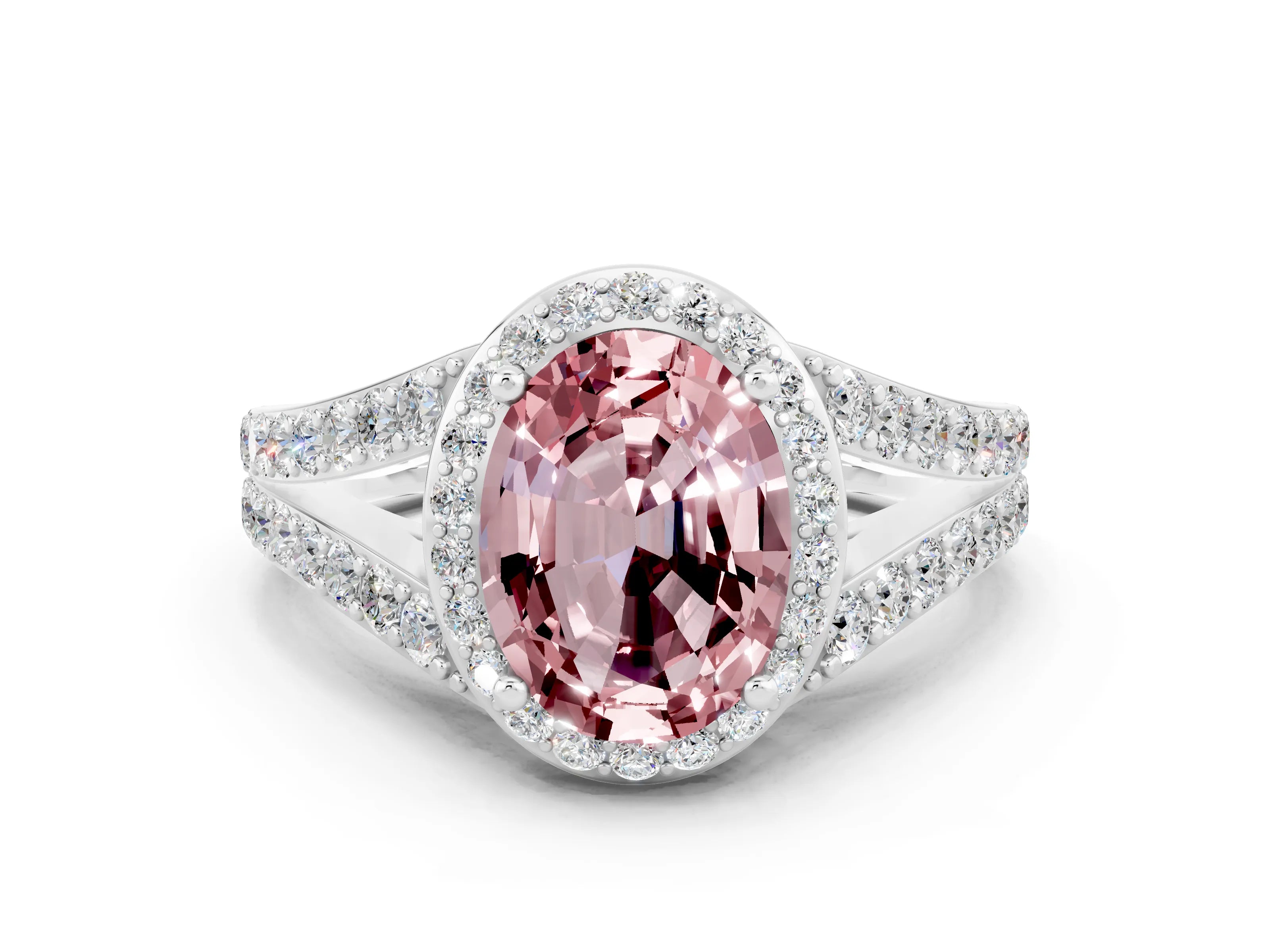 White gold Oval Cut Morganite Split Shank Halo Ring with Four-Prong Setting_12
