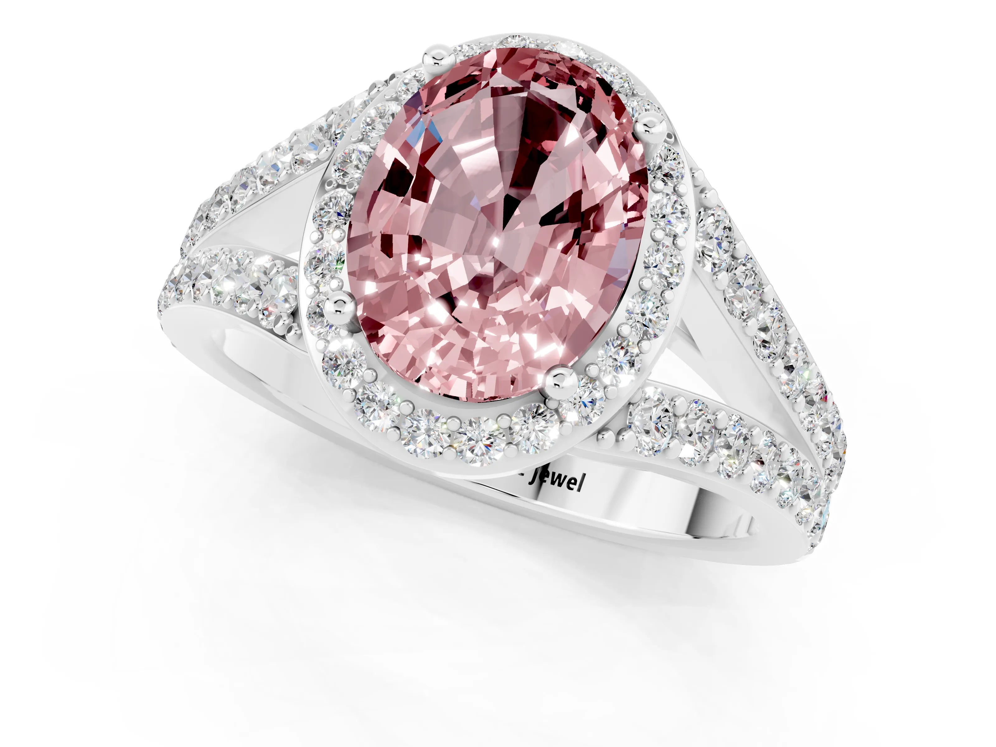 White gold Oval Cut Morganite Split Shank Halo Ring with Four-Prong Setting_13