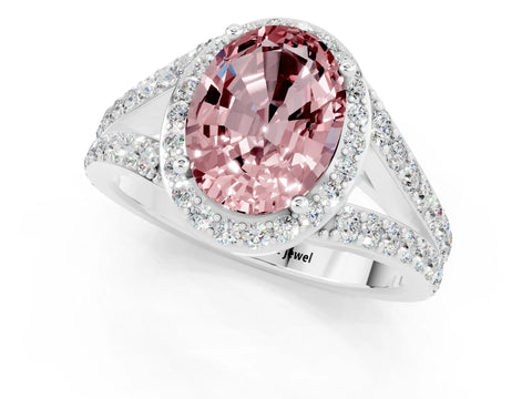 White gold Oval Cut Morganite Split Shank Halo Ring with Four-Prong Setting_13