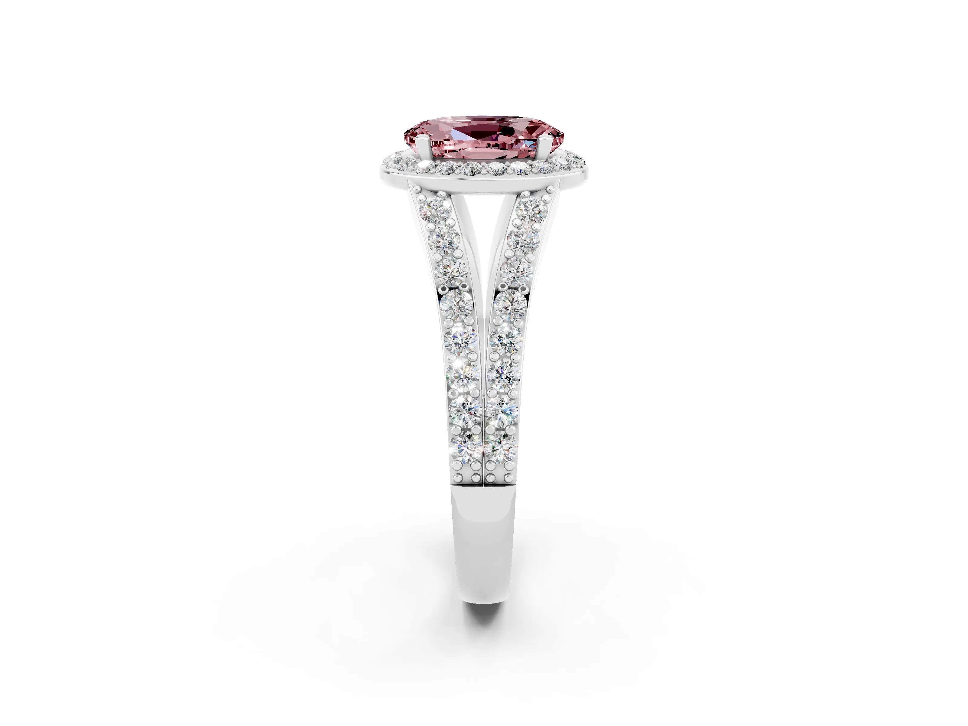 White gold Oval Cut Morganite Split Shank Halo Ring with Four-Prong Setting_14