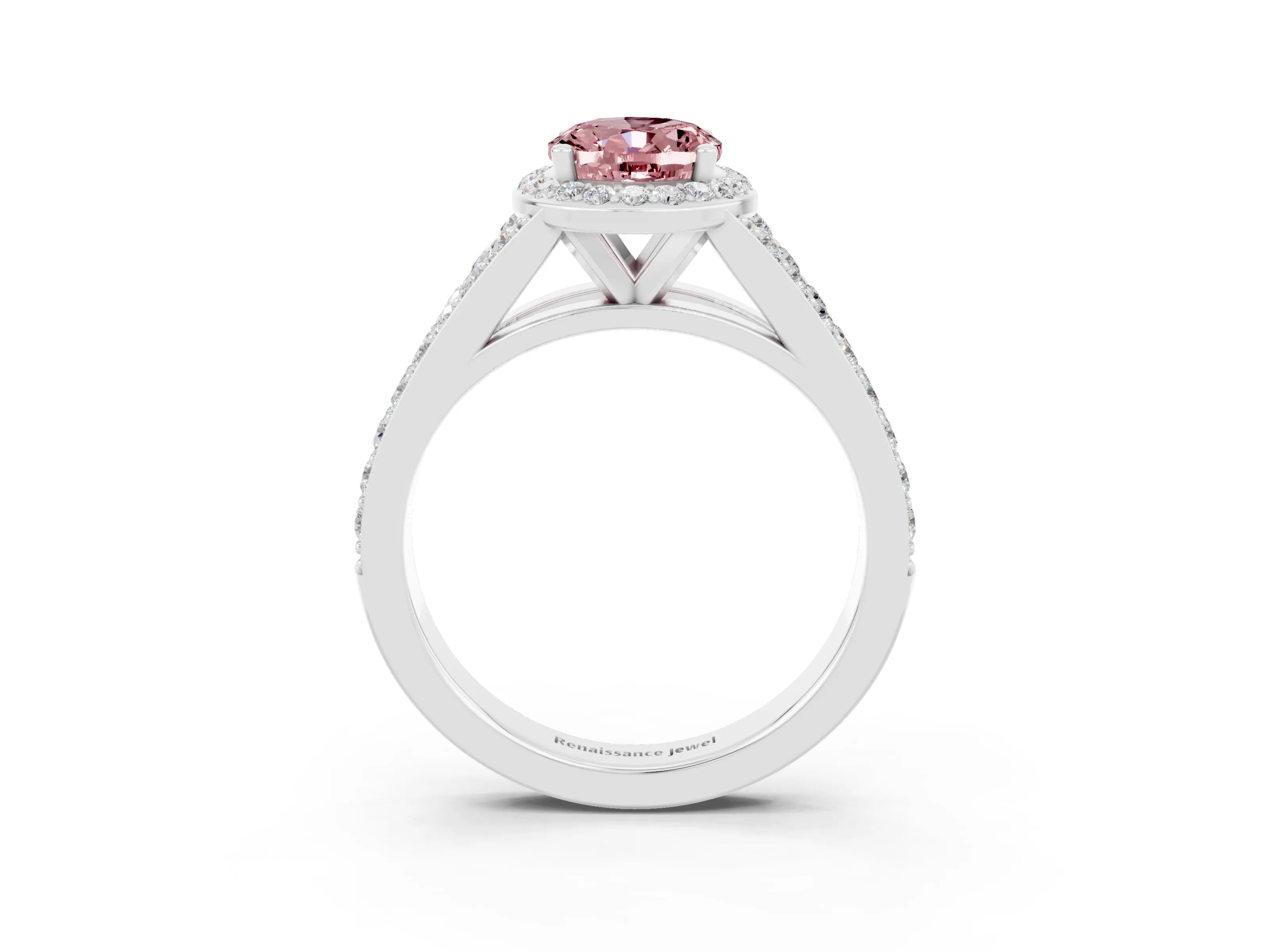 White gold Oval Cut Morganite Split Shank Halo Ring with Four-Prong Setting_15
