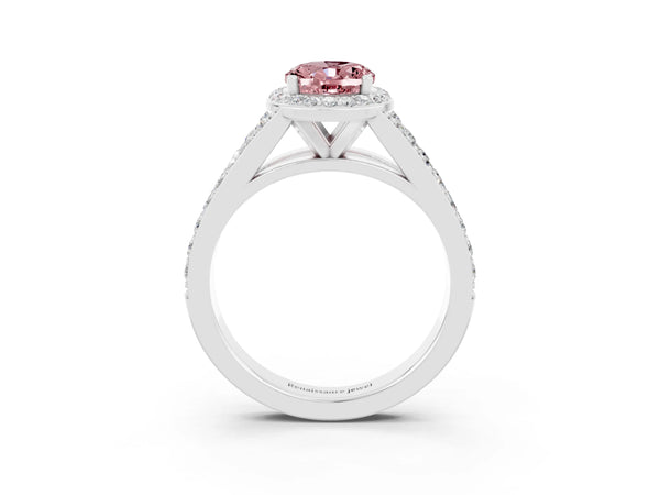 Silver Oval Cut Morganite Split Shank Halo Ring with Four-Prong Setting