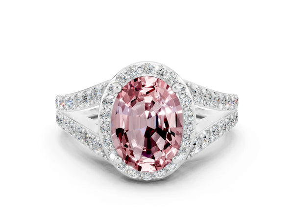 White gold Oval Cut Morganite Split Shank Halo Ring with Four-Prong Setting