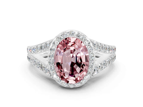 White gold Oval Cut Morganite Split Shank Halo Ring with Four-Prong Setting_24