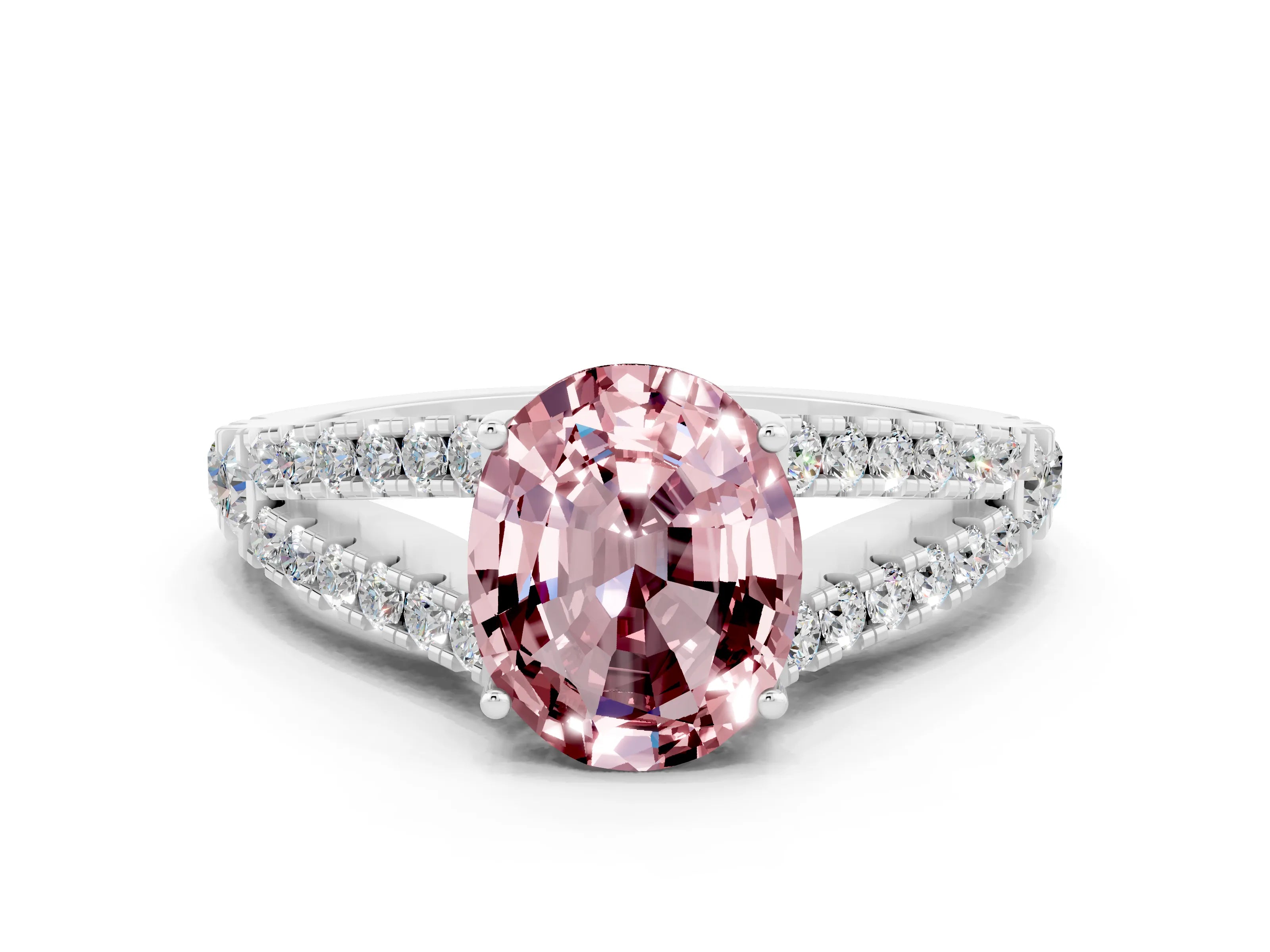White gold Oval Cut Morganite Split Shank Pavé Engagement Ring with Four-Prong Setting_30