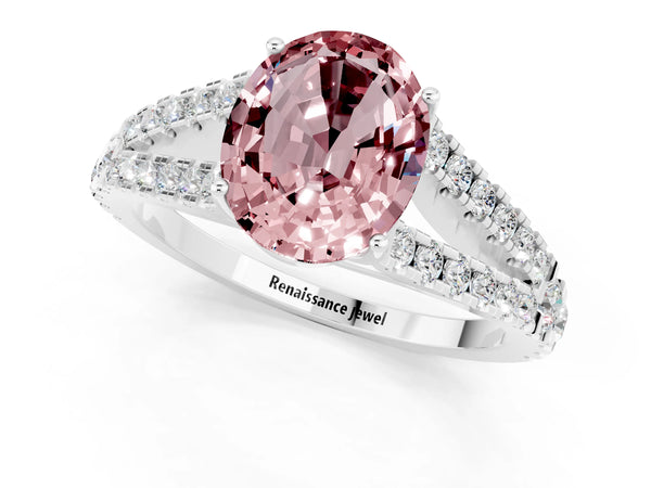 Silver Oval Cut Morganite Split Shank Pavé Engagement Ring with Four-Prong Setting