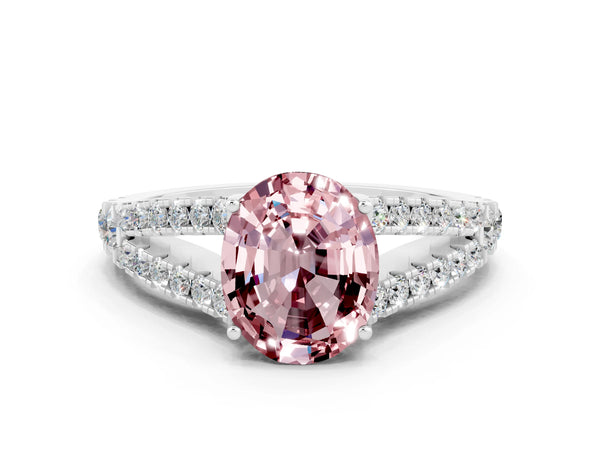 Platinum Oval Cut Morganite Split Shank Pavé Engagement Ring with Four-Prong Setting