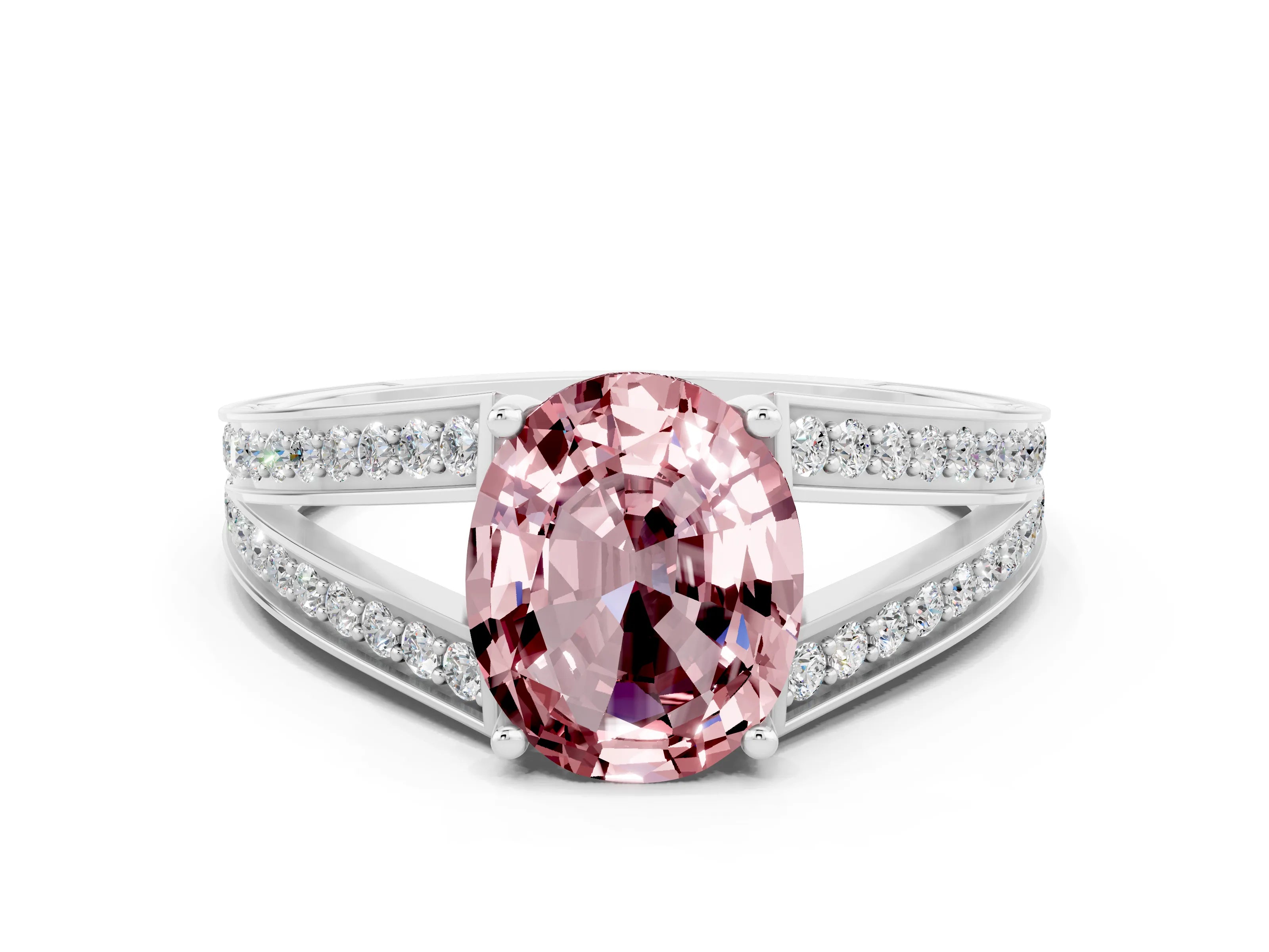 White gold Oval Cut Morganite Split Shank Ring with Pavé Band and Four-Prong Setting