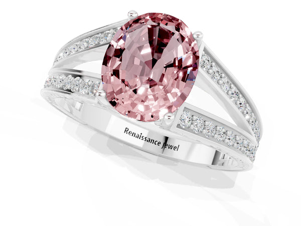 Silver Oval Cut Morganite Split Shank Ring with Pavé Band and Four-Prong Setting