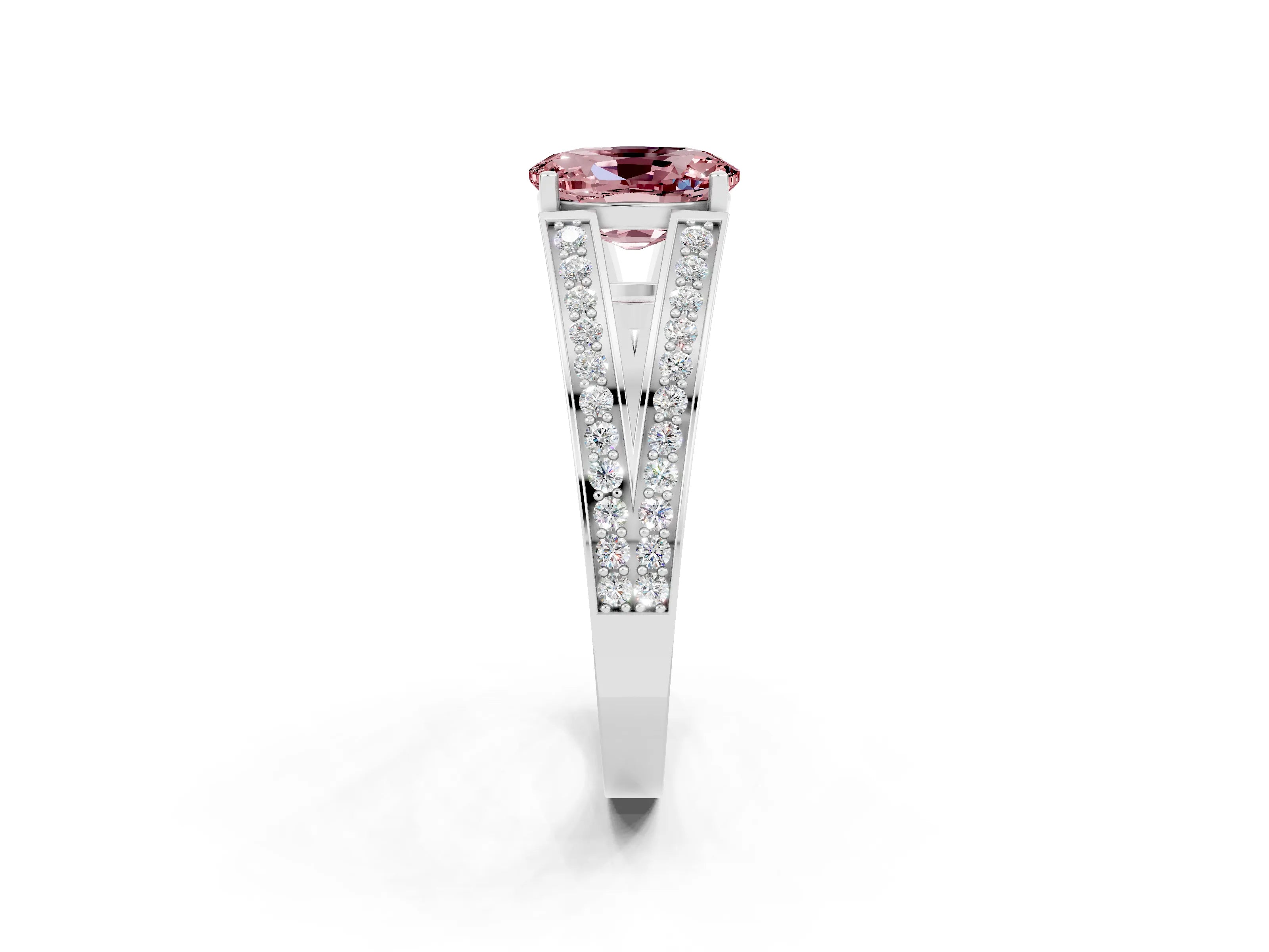 White gold Oval Cut Morganite Split Shank Ring with Pavé Band and Four-Prong Setting_2