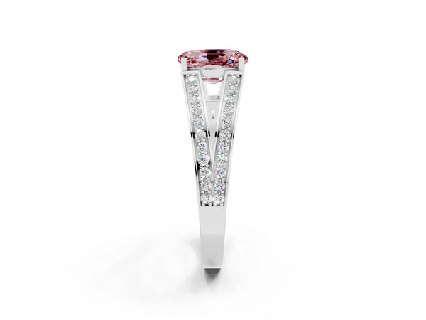 Platinum Oval Cut Morganite Split Shank Ring with Pavé Band and Four-Prong Setting