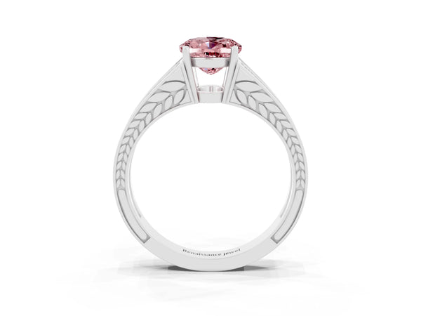 Silver Oval Cut Morganite Split Shank Ring with Pavé Band and Four-Prong Setting