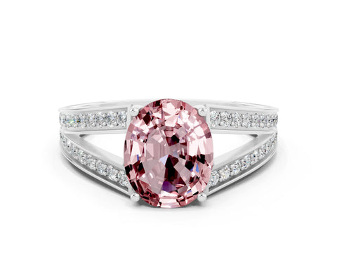 White gold Oval Cut Morganite Split Shank Ring with Pavé Band and Four-Prong Setting