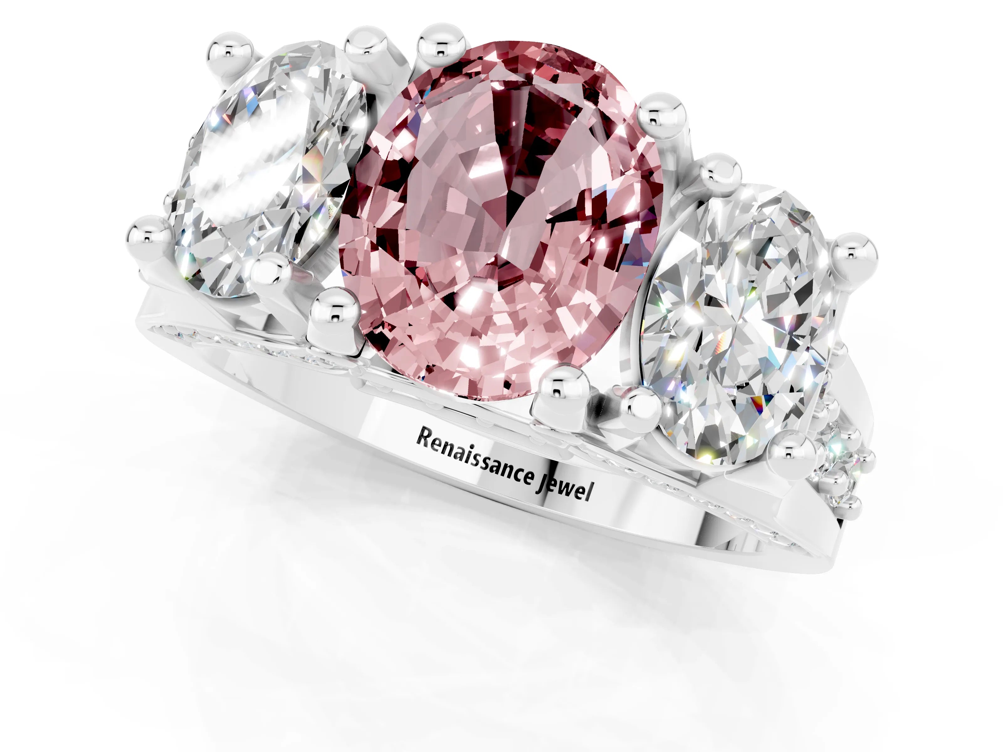 White gold Oval Cut Morganite Three-Stone Ring with Channel Set Band and Four-Prong Setting_1