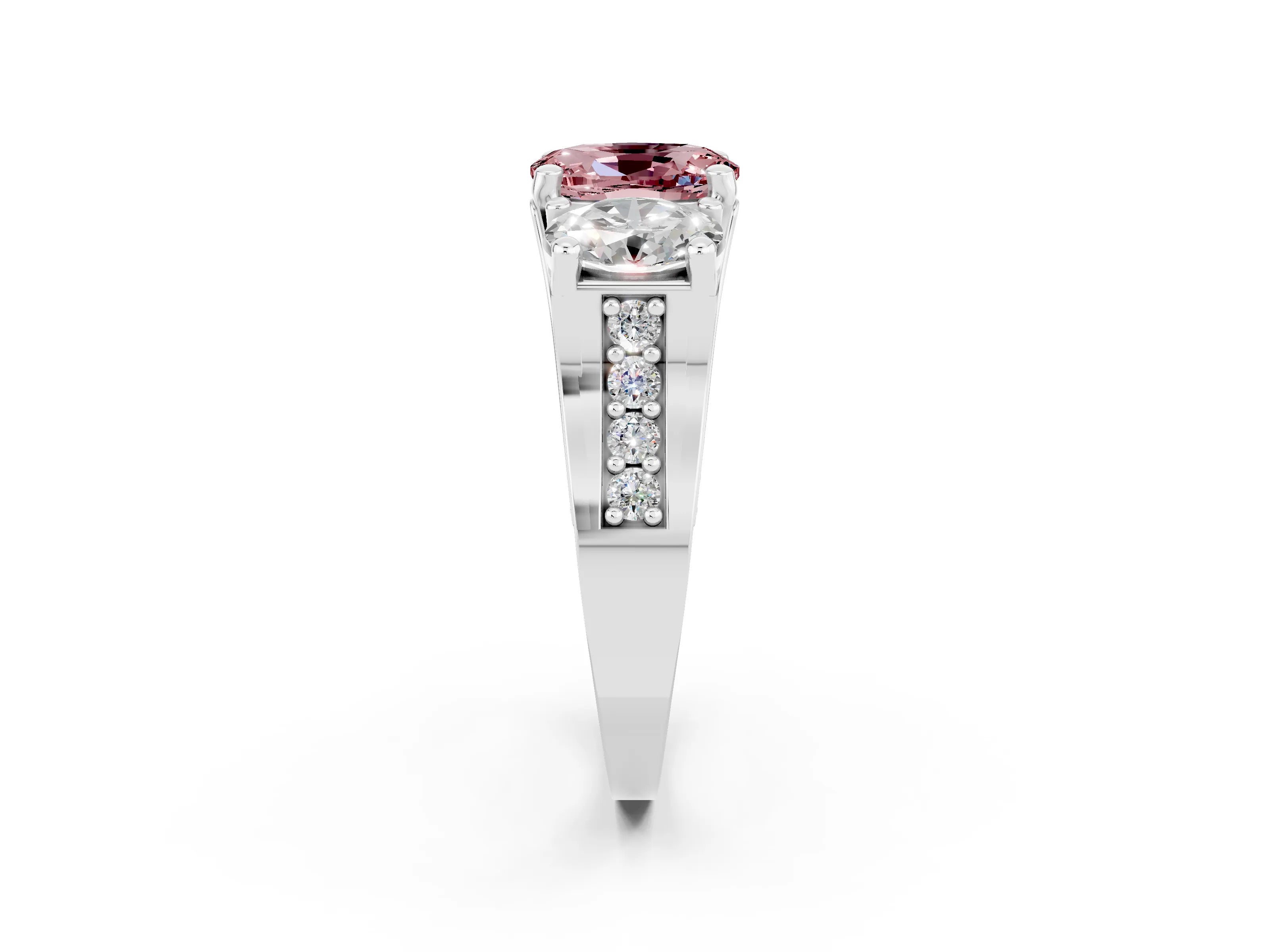 White gold Oval Cut Morganite Three-Stone Ring with Channel Set Band and Four-Prong Setting_2