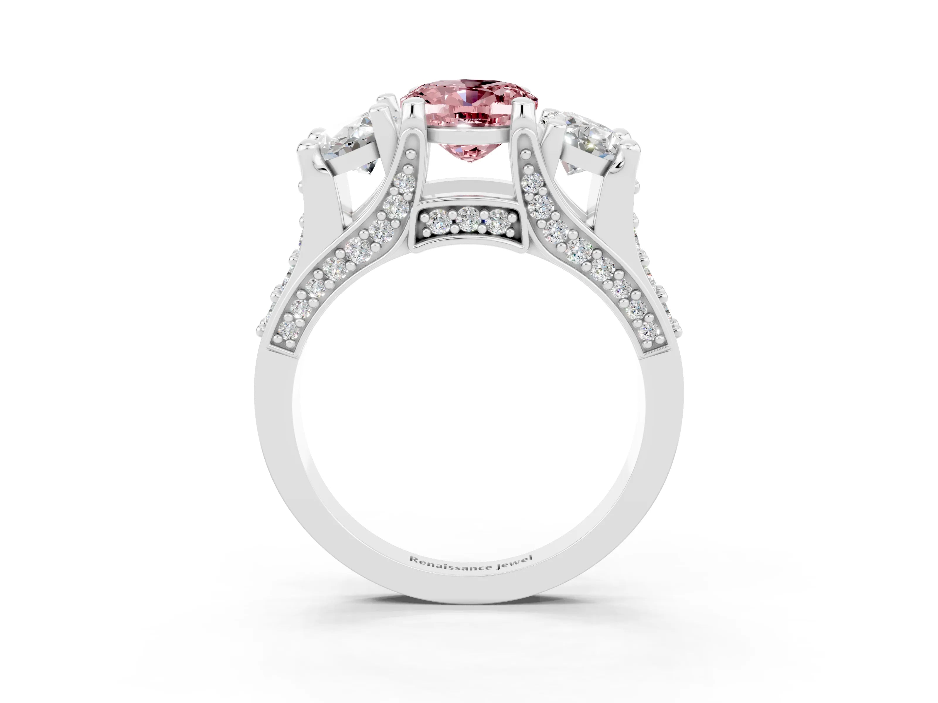 White gold Oval Cut Morganite Three-Stone Ring with Channel Set Band and Four-Prong Setting_3
