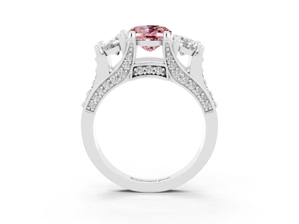 Platinum Oval Cut Morganite Three-Stone Ring with Channel Set Band and Four-Prong Setting