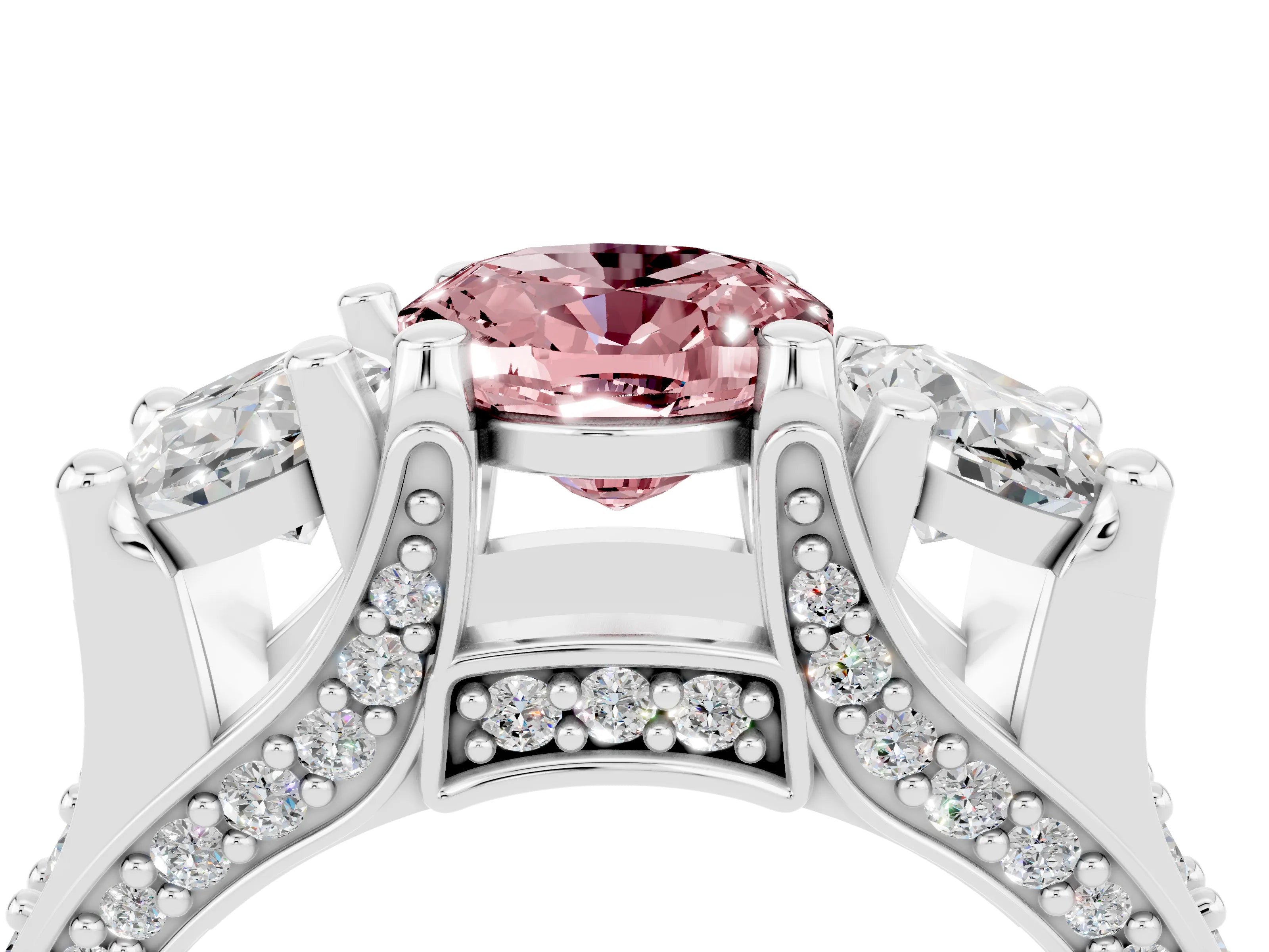 White gold Oval Cut Morganite Three-Stone Ring with Channel Set Band and Four-Prong Setting_4