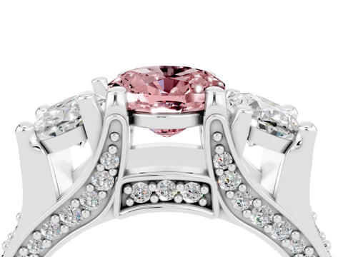 White gold Oval Cut Morganite Three-Stone Ring with Channel Set Band and Four-Prong Setting_4