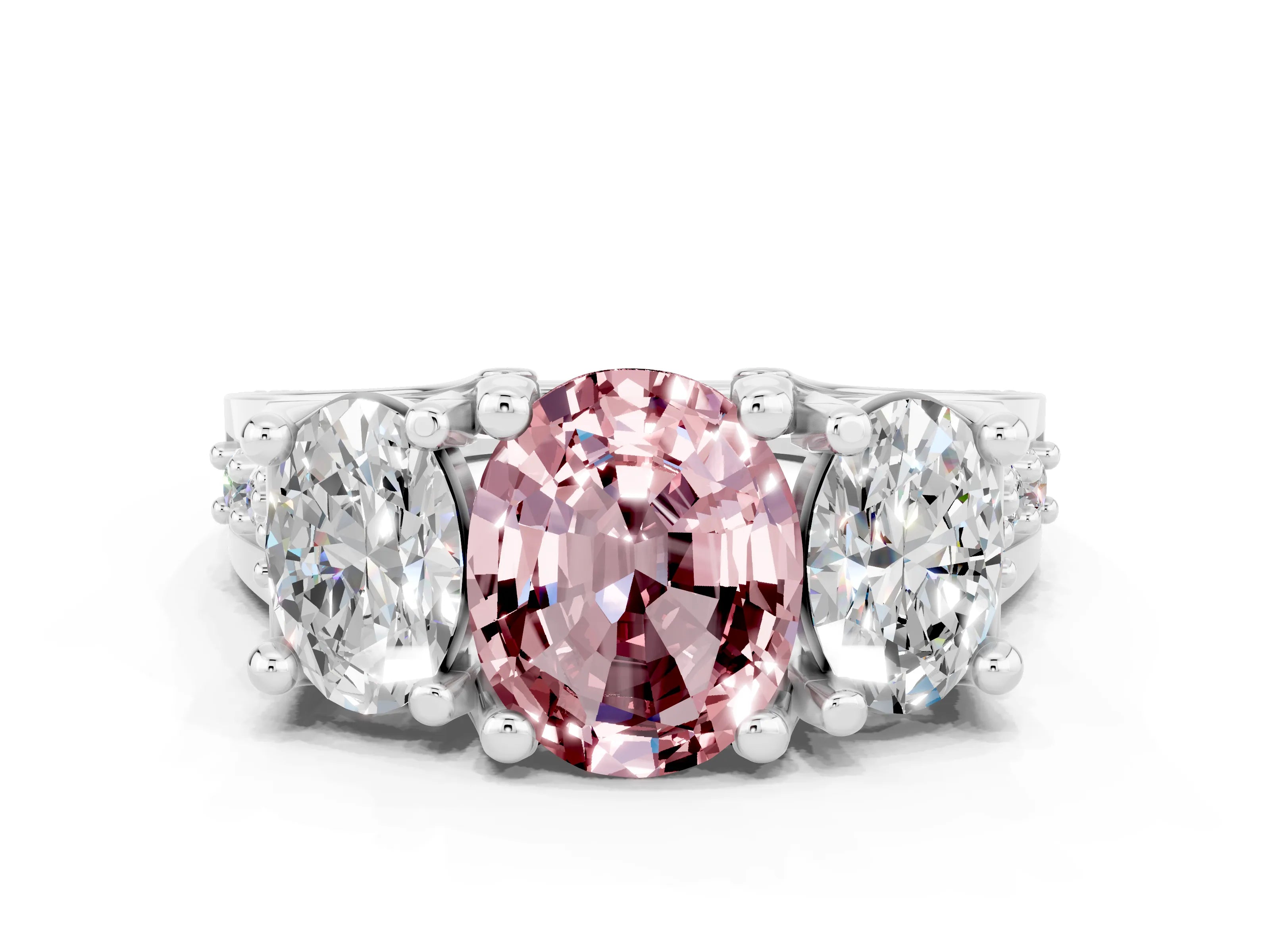 White gold Oval Cut Morganite Three-Stone Ring with Channel Set Band and Four-Prong Setting