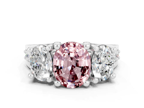 White gold Oval Cut Morganite Three-Stone Ring with Channel Set Band and Four-Prong Setting